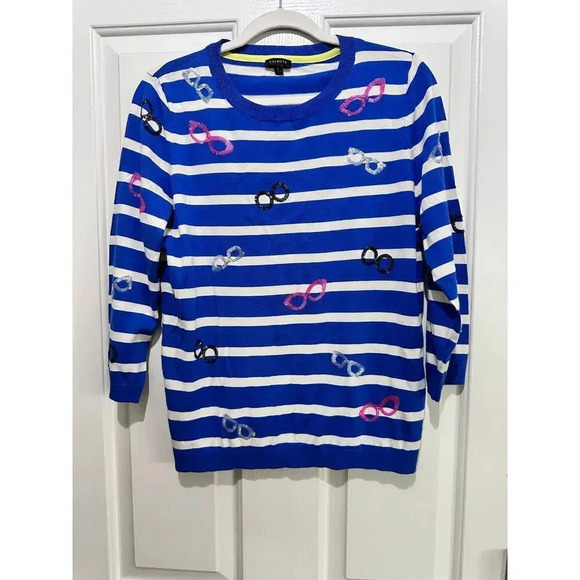 Talbots Blue Crew Neck Stripped Sequins Pullover Sweaters Size Large - Picture 1 of 4